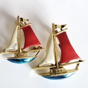 Vintage sailboat pin set Gerry's Enamel Red White and Blue Nautical Brooch